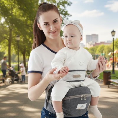 Porte bebe gris sur maman au parc avec bébé position face