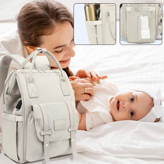 sac à dos à langer et maman avec son bébé au lit