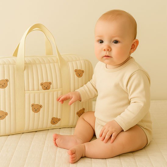Sac a langer bebe beige au motif ours devant mignon bébé