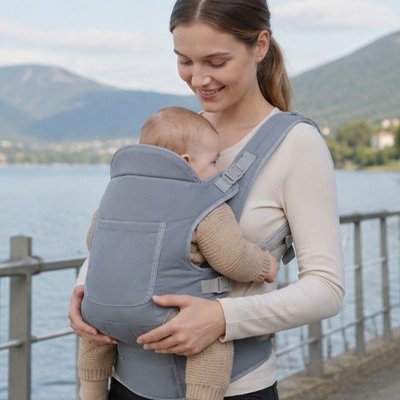 Porte bebe gris maman sur la corniche