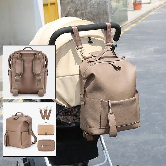 sac à dos à langer multifonction beige attaché sur poussette à dos