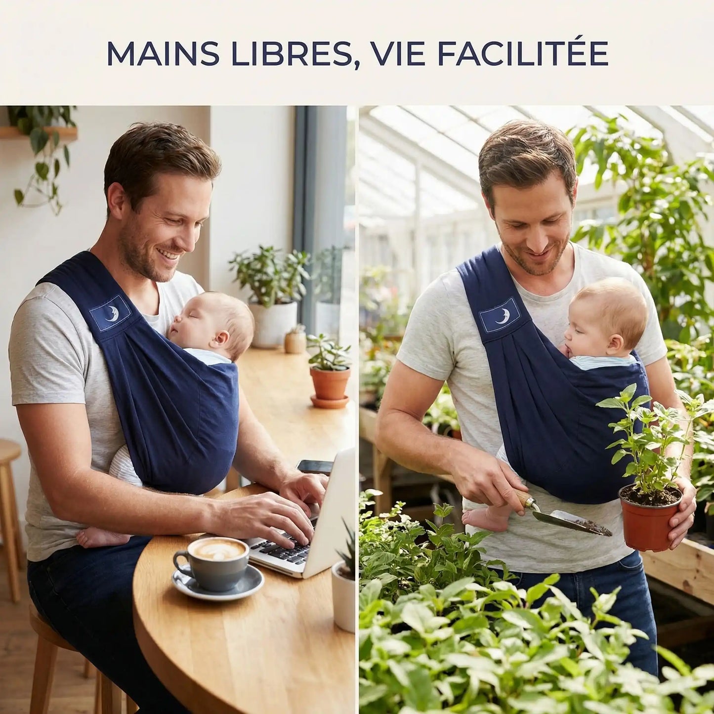 Echarpe de portage bebe avec papa main libre