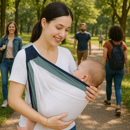Echarpe de portage vert au maman au parc