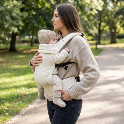 Porte bebe physiologiques beige sur maman de profil