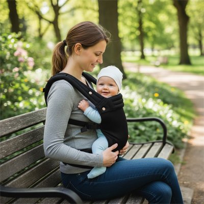 Porte bebe ergonomique maman assis bébé sourit