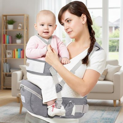 Porte bebe gris  sur hanche d'une maman sur le coté jouant avec son bébé