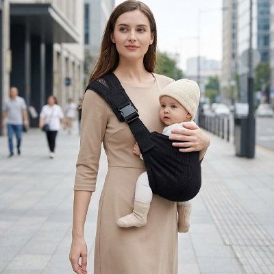 Porte bebe hanche noir sur maman profil