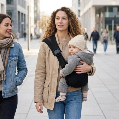 Porte bebe hanche sur maman qui marche sur la route avec son amie