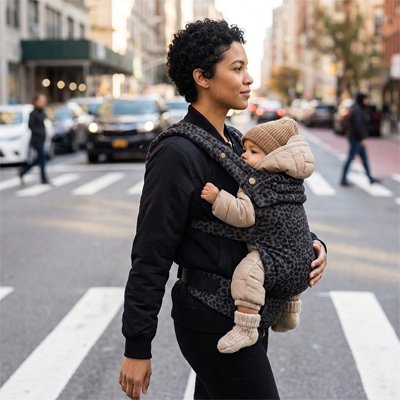 Porte bebe physiologiques  maman qui traverse la route main libre