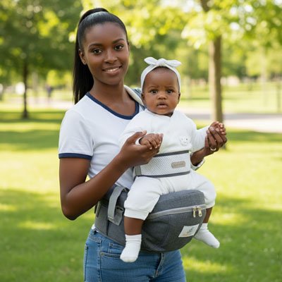 Porte bebe sur maman au parc tient son bébé