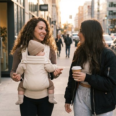 Porte bebe physiologiques sur maman dans la route parle avec son amie 