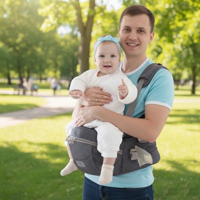 Porte bebe sur papa avec son bébé assis et sourit