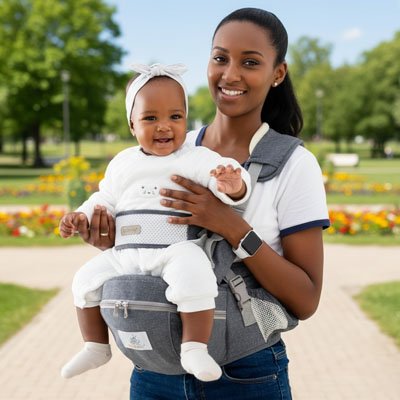 Porte bebe sur maman qui porte son bébé assis content