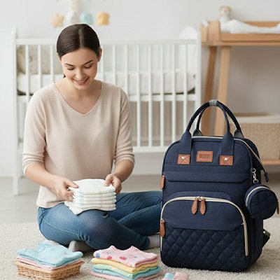 Sac à dos à langer bleu maman prépare le linge