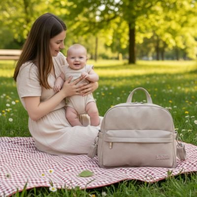 Sac à dos langer bébé beige maman avec son bébé en pique-nique