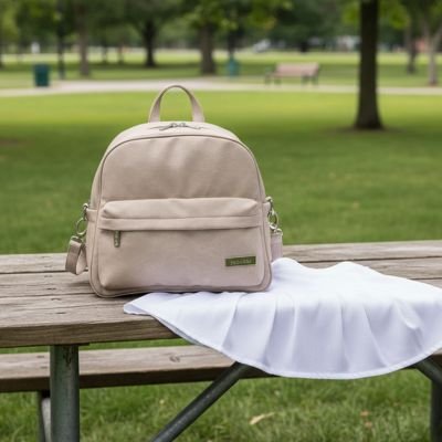 Sac à dos langer bébé beige sur table de pique-nique