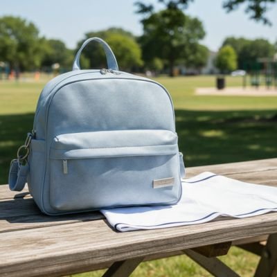 Sac à dos langer bébé bleu ciel sur table en foret