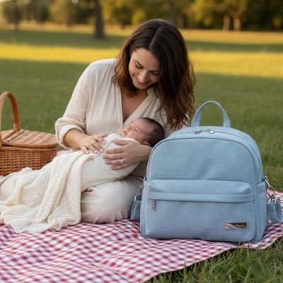 Sac à dos langer bébé bleu en foret maman et son bébé en pique-nique