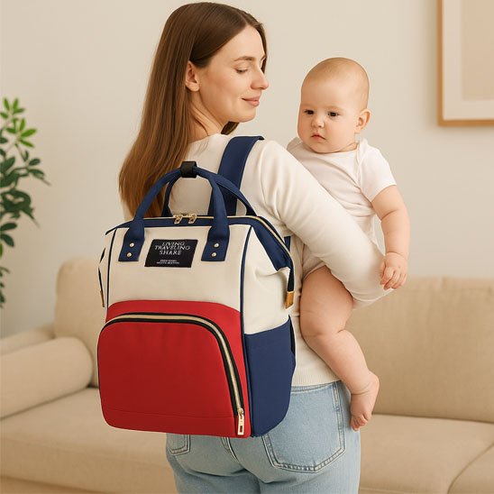 Sac a langer a dos sur maman qui porte son bébé