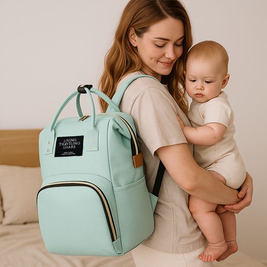 Sac a langer a dos vert sur maman poste son bébé