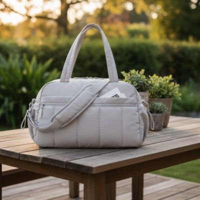 Sac a langer gris sur table au parc