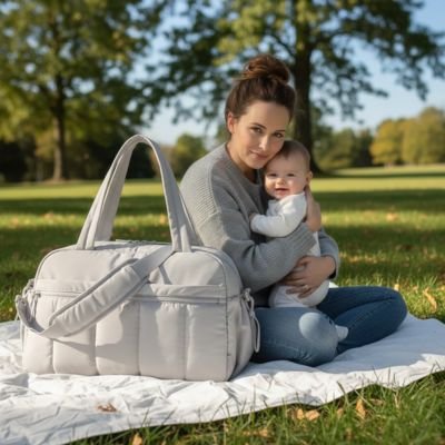 Sac a langer posé sur nappe au parc devant maman et son bébé