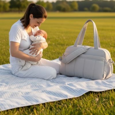 Sac a langer prés de maman qui porte son bébé au parc