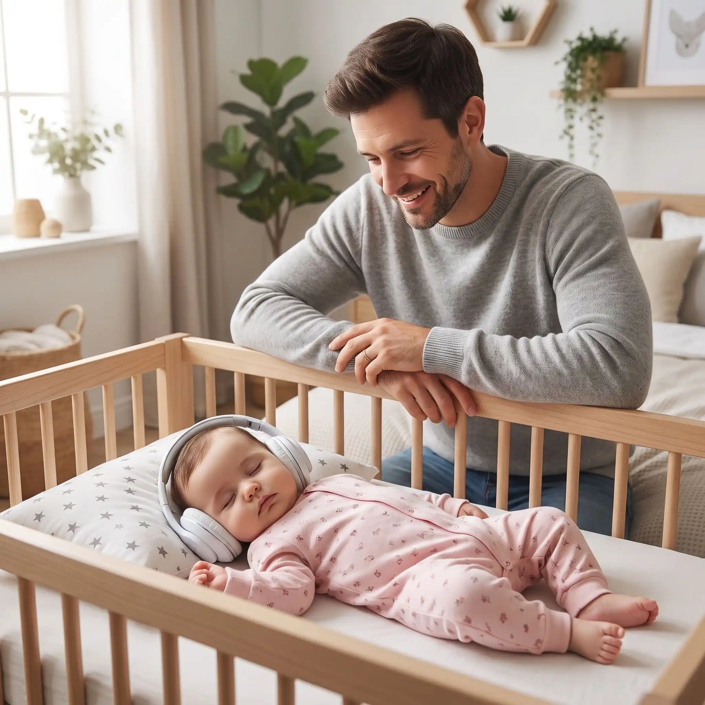casque anti bruit bébé papa regarde son bébé qui dort