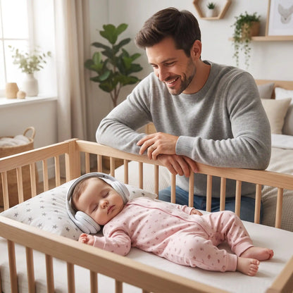 casque anti bruit bébé papa regarde son bébé qui dort