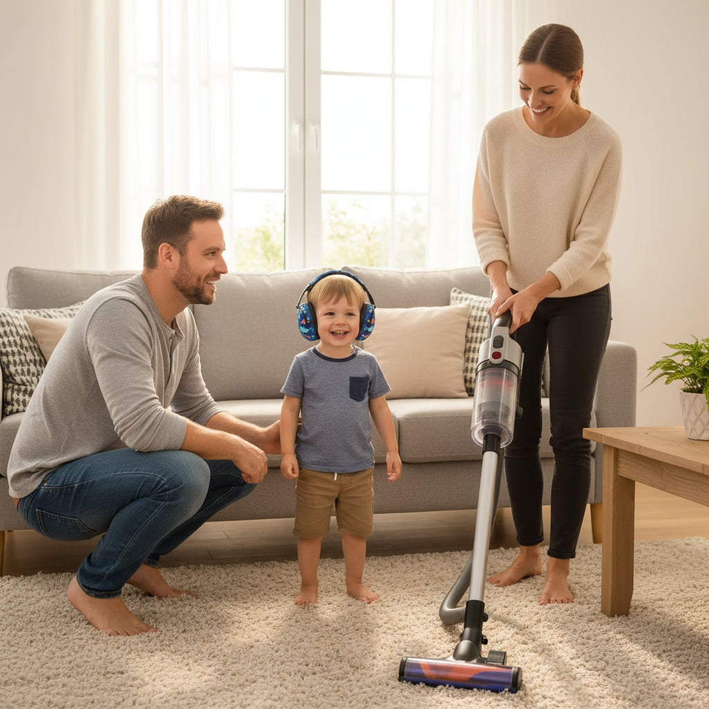 casque anti bruit enfant content maman avec aspirateur