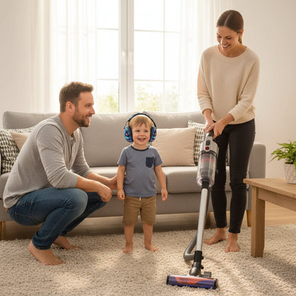 casque anti bruit enfant content maman avec aspirateur