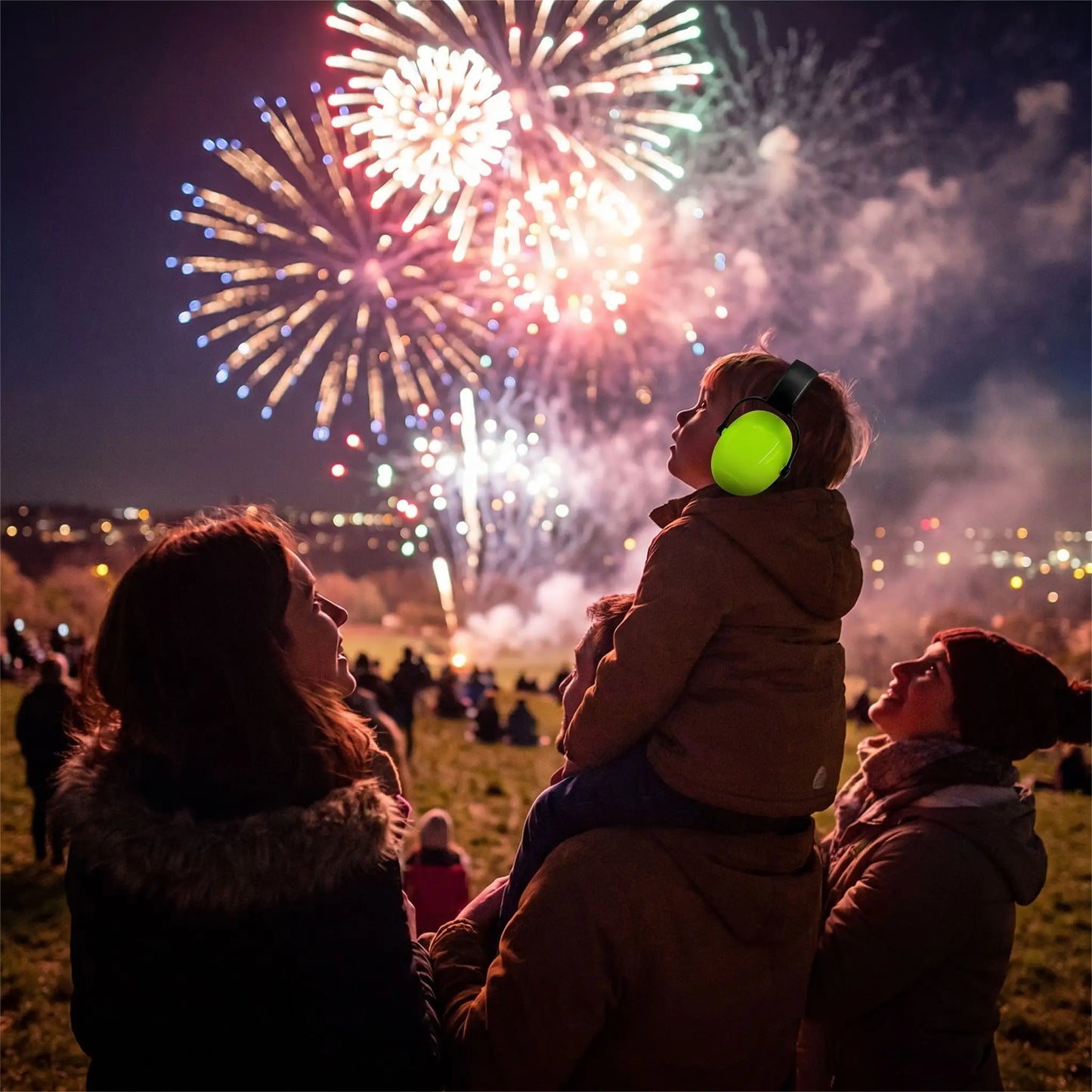 casque anti bruit enfant regarde feu d'artifice