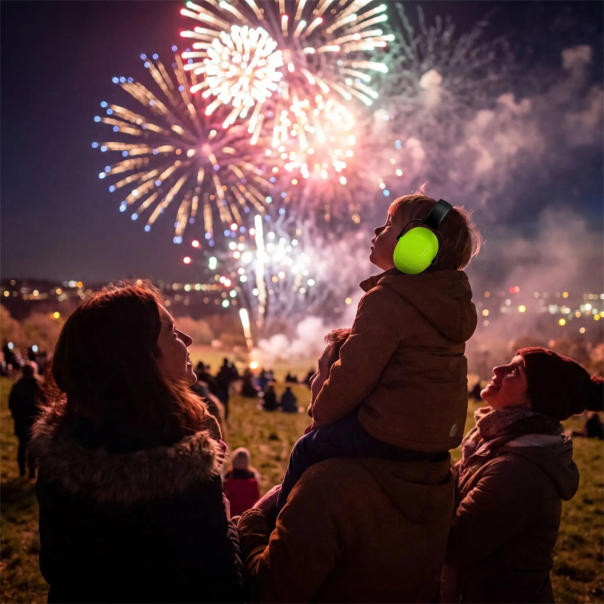 casque anti bruit enfant regarde feu d'artifice