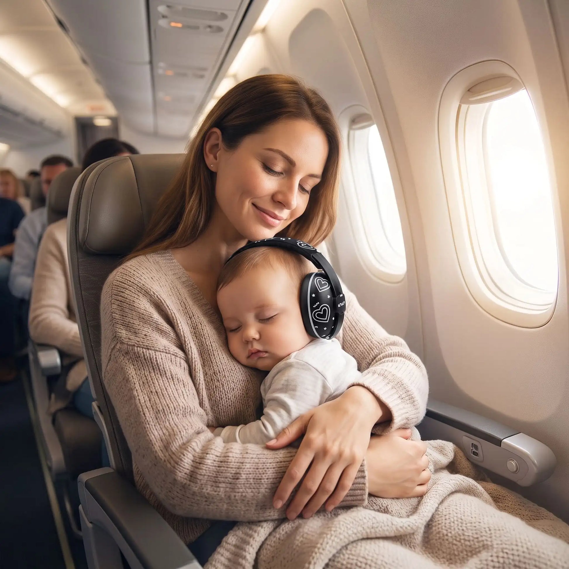 casque anti bruit sur bébé endormi en avion