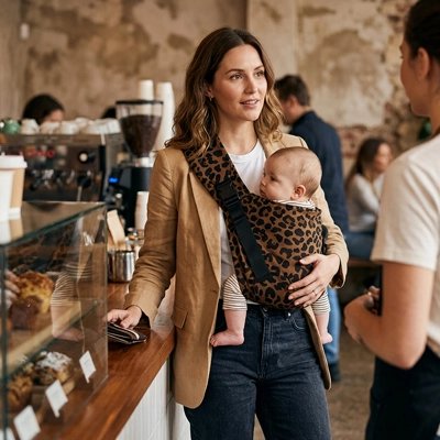 Porte bebe hanche maman au cafétéria