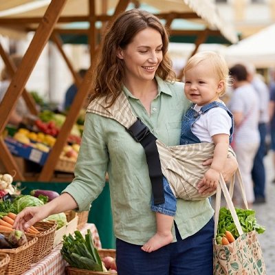 Porte bebe hanche maman au marché