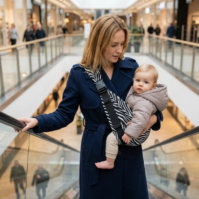 Porte bebe hanche maman en escalier main libre