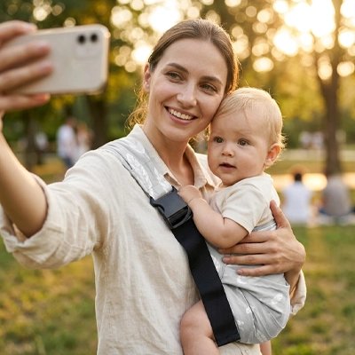 Porte bebe hanche maman prend selfie