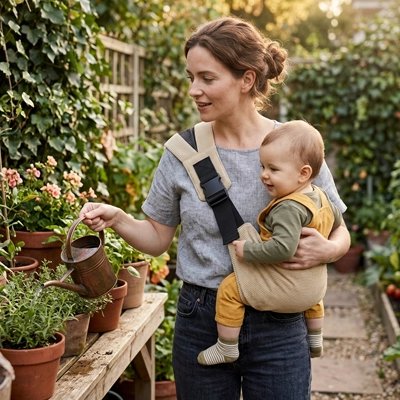 Porte bebe maman arrose les plantes