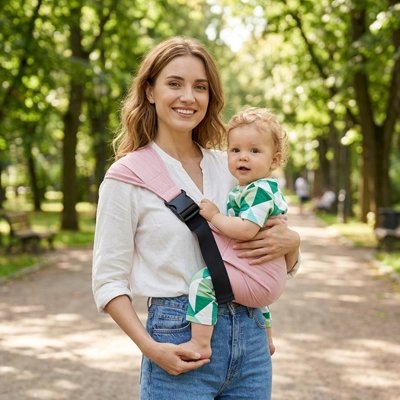 Porte bebe maman au parc souriante
