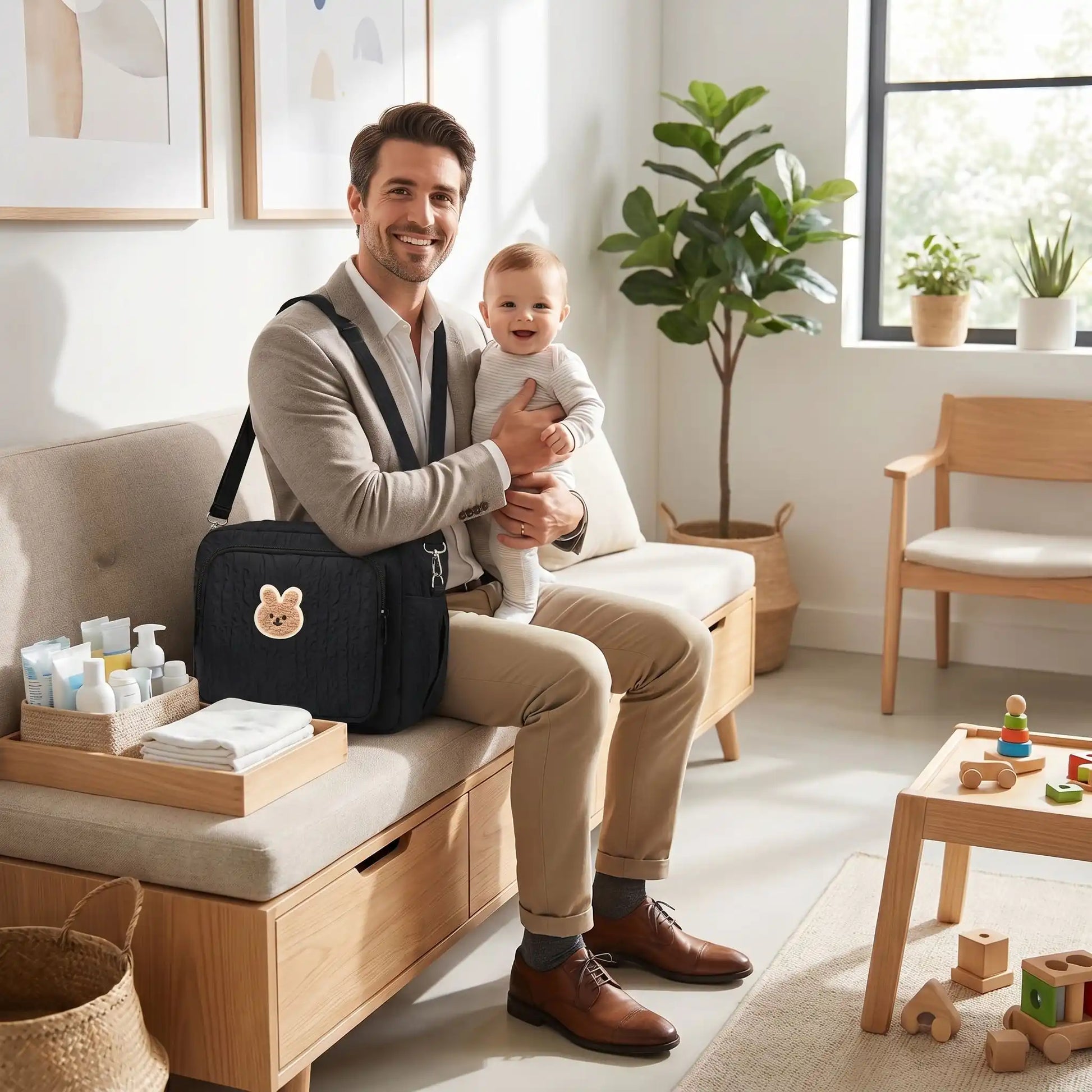 sac a langer noir papa avec son bebe au pédiatre 